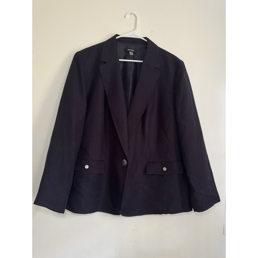 Nine West Navy Blue Linen Blend Single Button Blazer Jacket Plus Size 2X